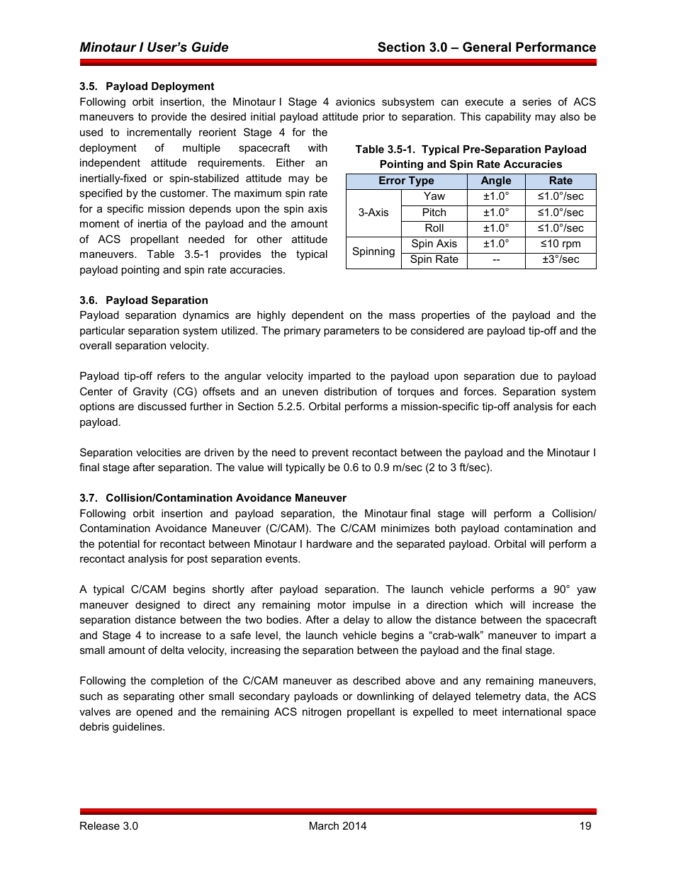 Payload deployment, Payload separation, Collision/contamination avoidance maneuver | Orbital Minotaur I User Manual | Page 32 / 99