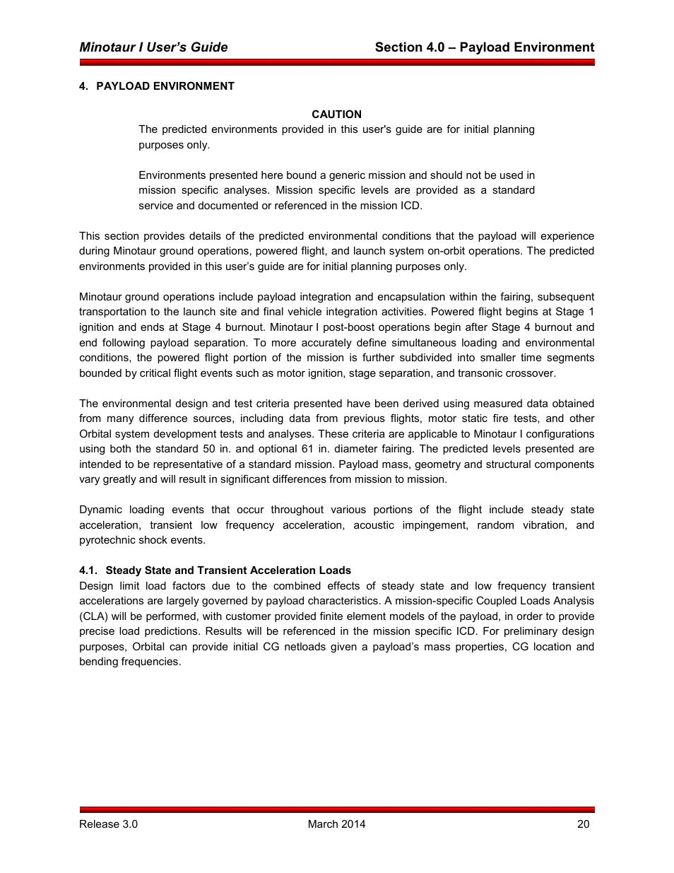 Payload environment, Steady state and transient acceleration loads | Orbital Minotaur I User Manual | Page 33 / 99