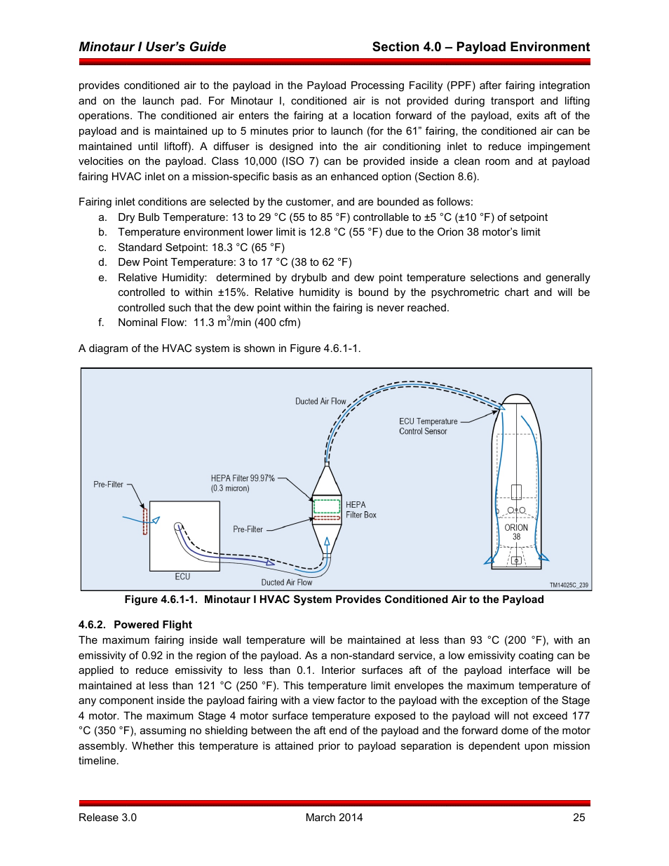 C. standard setpoint: 18.3 c (65 f), D. dew point temperature: 3 to 17 c (38 to 62 f), F. nominal flow: 11.3 m3/min (400 cfm) | Powered flight, Minotaur i user’s guide | Orbital Minotaur I User Manual | Page 38 / 99