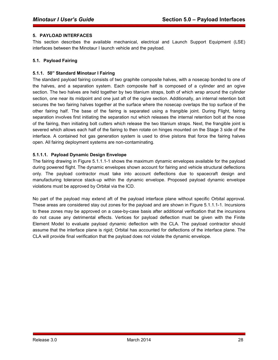 Payload interfaces, Payload fairing, 50” standard minotaur i fairing | Payload dynamic design envelope | Orbital Minotaur I User Manual | Page 41 / 99