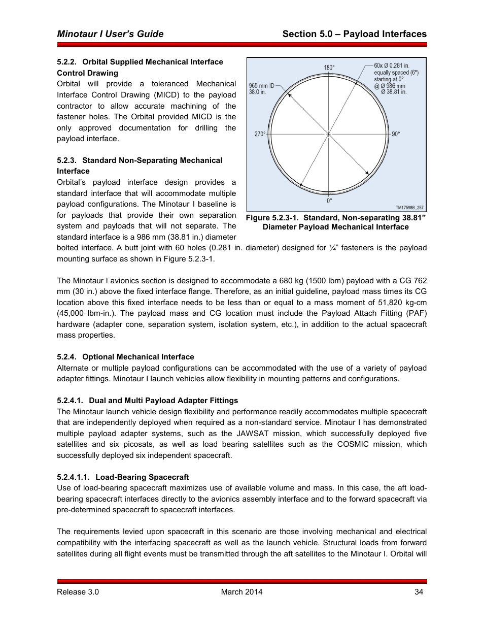 Standard non-separating mechanical interface, Optional mechanical interface, Dual and multi payload adapter fittings | Load-bearing spacecraft | Orbital Minotaur I User Manual | Page 47 / 99