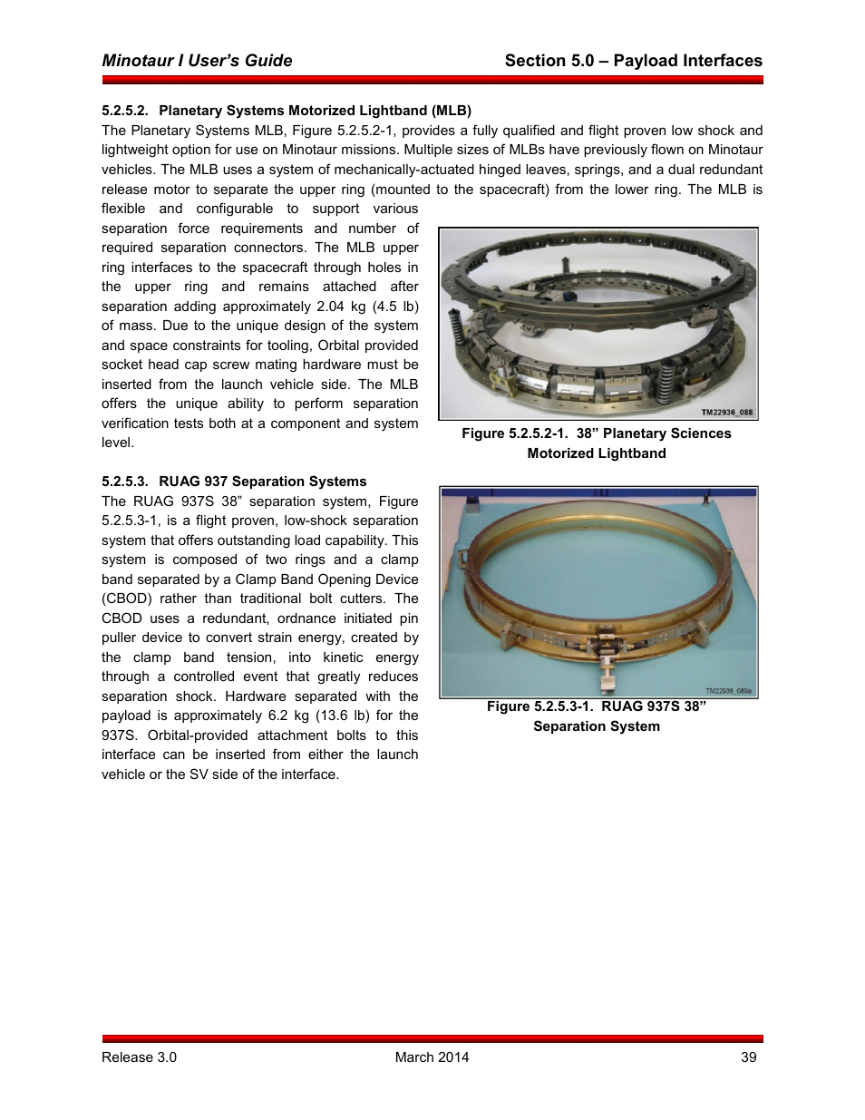 Planetary systems motorized lightband (mlb), Ruag 937 separation systems | Orbital Minotaur I User Manual | Page 52 / 99
