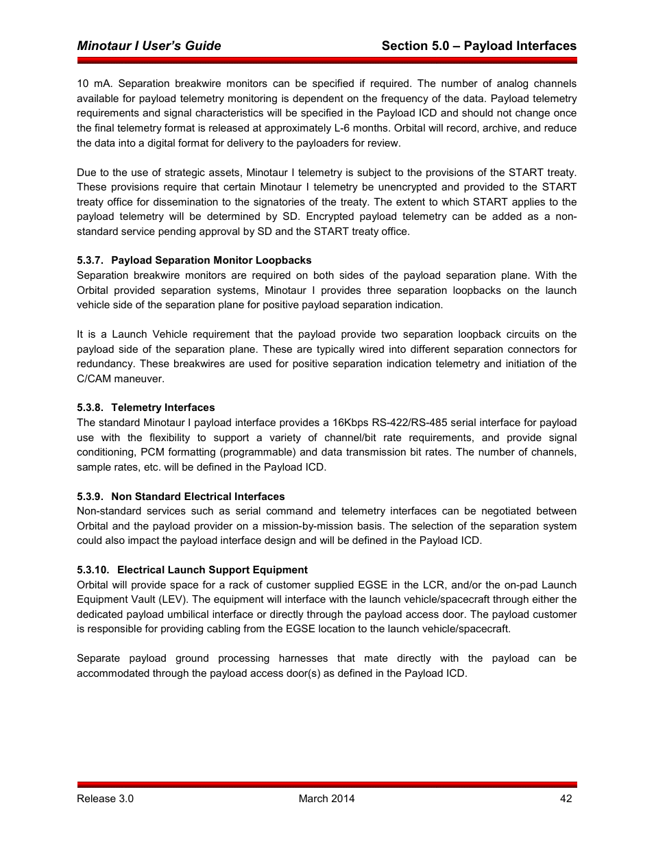 Payload separation monitor loopbacks, Telemetry interfaces, Non standard electrical interfaces | Electrical launch support equipment | Orbital Minotaur I User Manual | Page 55 / 99