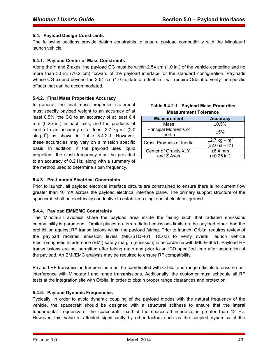 Payload design constraints, Payload center of mass constraints, Final mass properties accuracy | Pre-launch electrical constraints, Payload emi/emc constraints, Payload dynamic frequencies | Orbital Minotaur I User Manual | Page 56 / 99