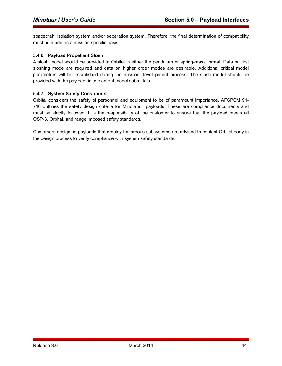 Payload propellant slosh, System safety constraints | Orbital Minotaur I User Manual | Page 57 / 99