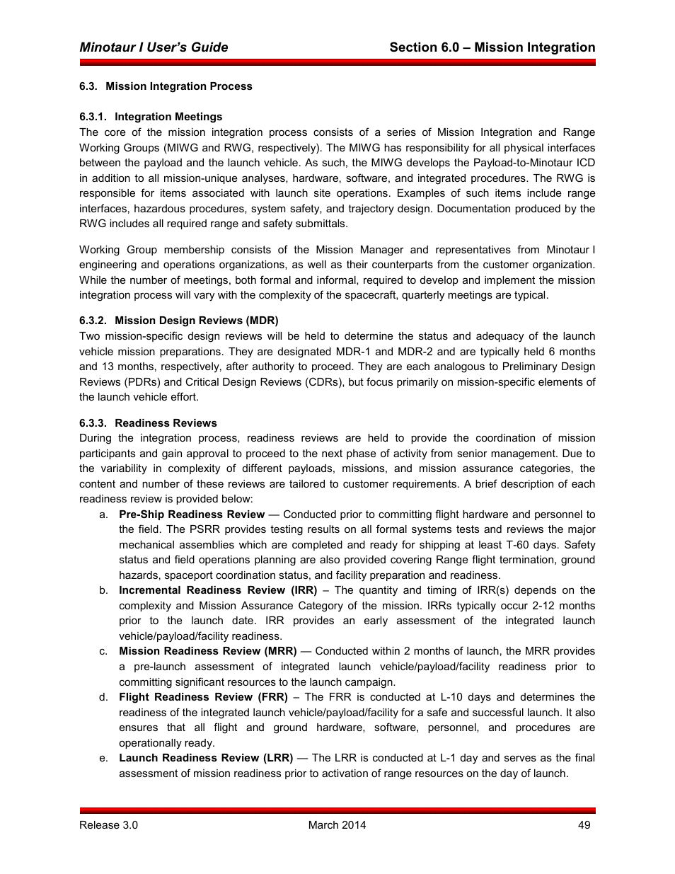 Mission integration process, Integration meetings, Mission design reviews (mdr) | Readiness reviews | Orbital Minotaur I User Manual | Page 62 / 99