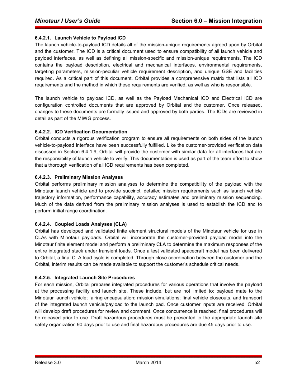 Launch vehicle to payload icd, Icd verification documentation, Preliminary mission analyses | Coupled loads analyses (cla), Integrated launch site procedures | Orbital Minotaur I User Manual | Page 65 / 99