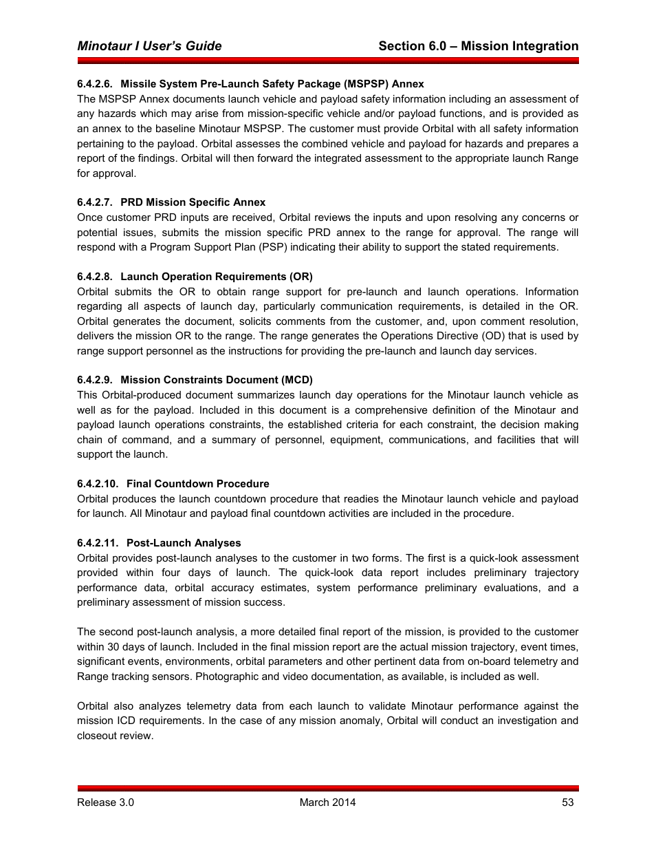 Prd mission specific annex, Launch operation requirements (or), Mission constraints document (mcd) | Final countdown procedure, Post-launch analyses | Orbital Minotaur I User Manual | Page 66 / 99