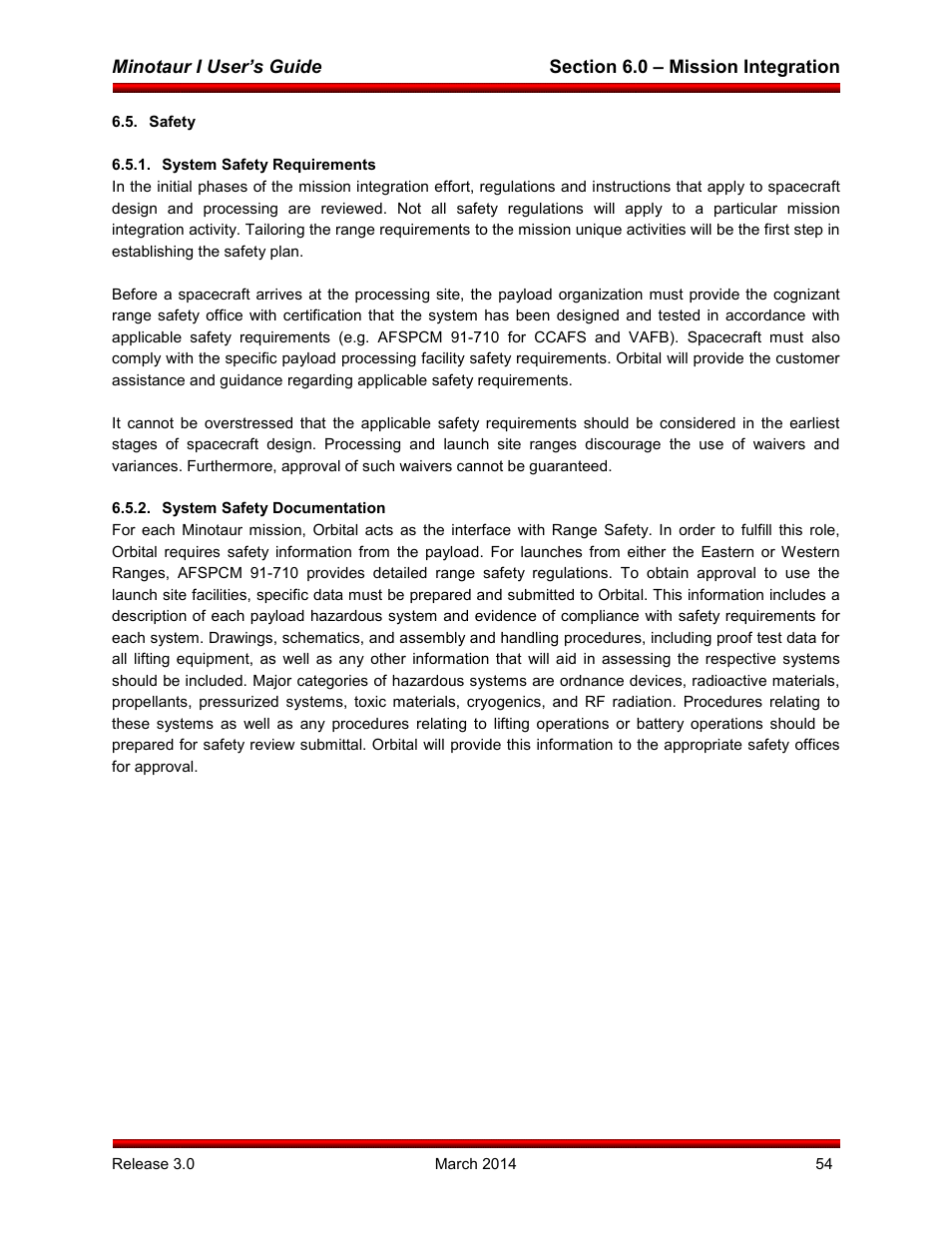 Safety, System safety requirements, System safety documentation | Orbital Minotaur I User Manual | Page 67 / 99