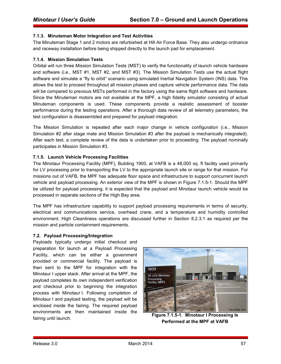 Minuteman motor integration and test activities, Mission simulation tests, Launch vehicle processing facilities | Payload processing/integration, Minotaur i user’s guide | Orbital Minotaur I User Manual | Page 70 / 99