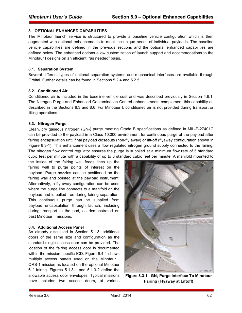 Optional enhanced capabilities, Separation system, Conditioned air | Nitrogen purge, Additional access panel | Orbital Minotaur I User Manual | Page 75 / 99