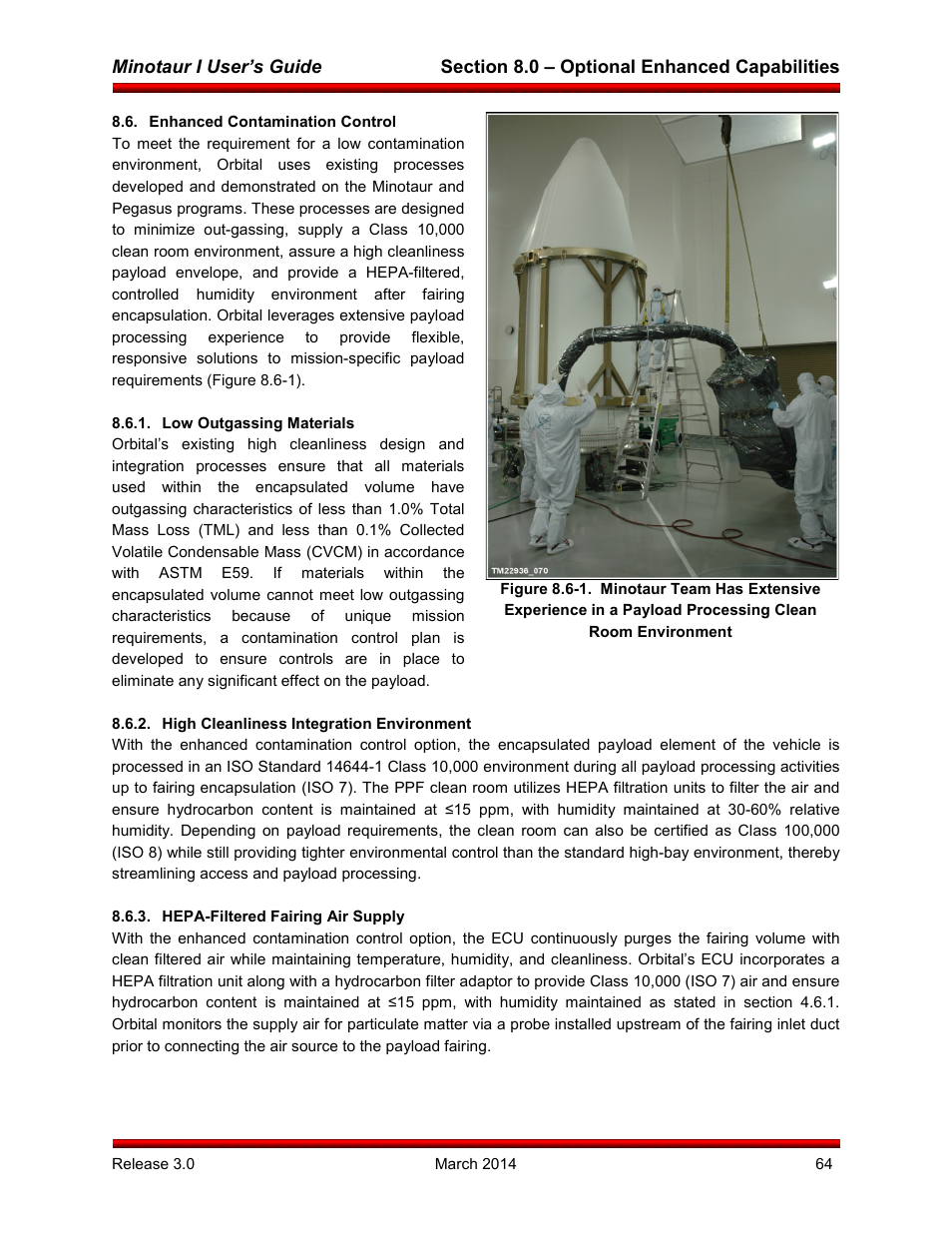 Enhanced contamination control, Low outgassing materials, High cleanliness integration environment | Hepa-filtered fairing air supply | Orbital Minotaur I User Manual | Page 77 / 99