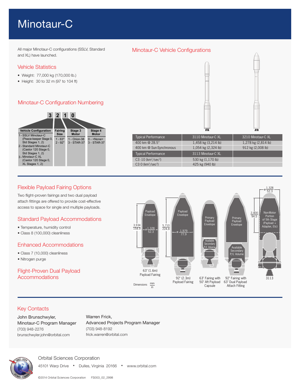 Minotaur-c, Flexible payload fairing options, Standard payload accommodations | Enhanced accommodations, Vehicle statistics, Orbital sciences corporation, John brunschwyler, minotaur-c program manager, Warren frick, advanced projects program manager | Orbital Minotaur-C User Manual | Page 2 / 2