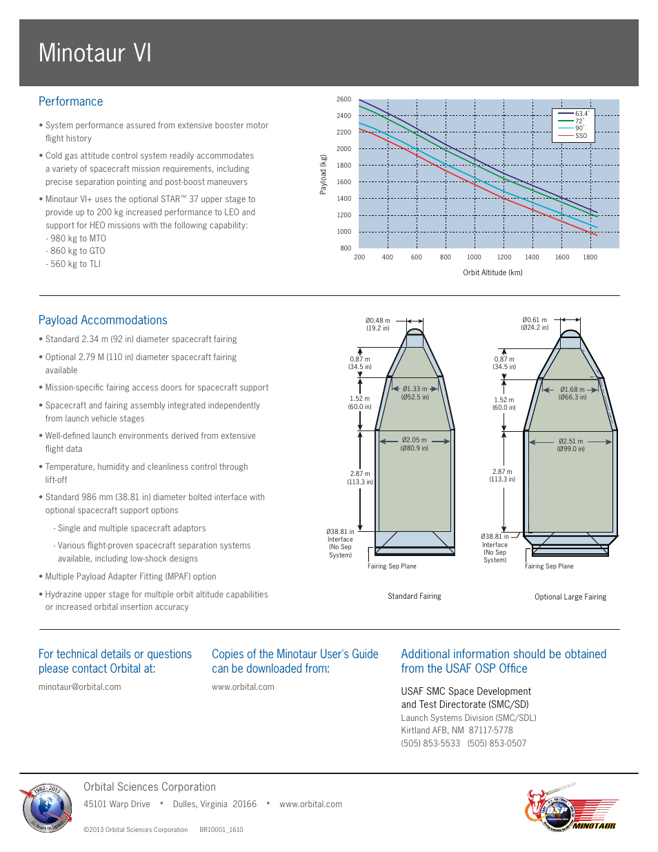 Minotaur vi, Payload accommodations, Performance | Orbital sciences corporation | Orbital Minotaur VI User Manual | Page 2 / 2