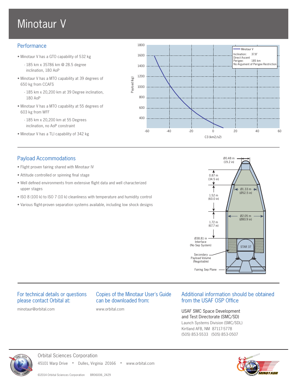 Minotaur v, Payload accommodations, Performance | Orbital sciences corporation | Orbital Minotaur V User Manual | Page 2 / 2