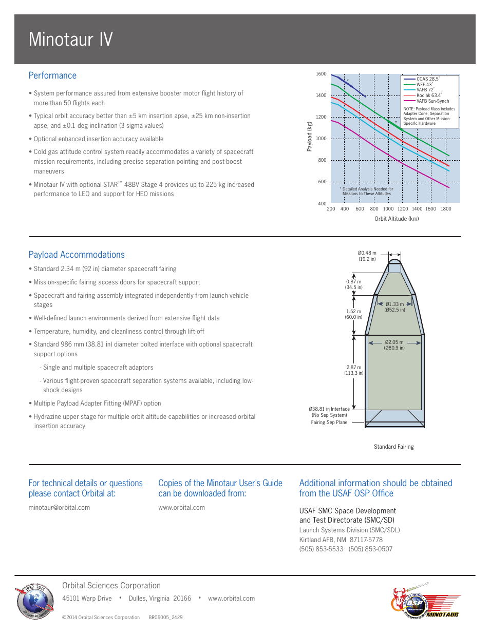 Minotaur iv, Payload accommodations, Performance | Orbital sciences corporation | Orbital Minotaur IV User Manual | Page 2 / 2