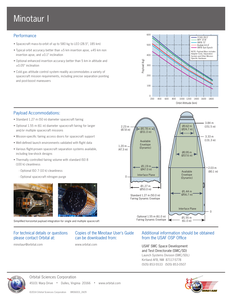 Minotaur i, Performance, Payload accommodations | Orbital sciences corporation | Orbital Minotaur I User Manual | Page 2 / 2