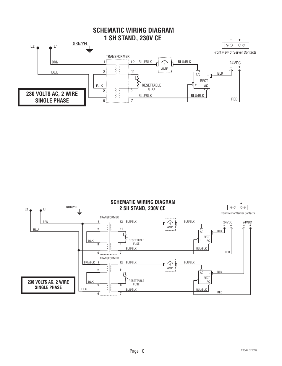 Schematic wiring diagram 1 sh stand, 230v ce, 230 volts ac, 2 wire single phase, Schematic wiring diagram 2 sh stand, 230v ce | Page 10 | Bunn 1SH & 2SH STAND User Manual | Page 10 / 10