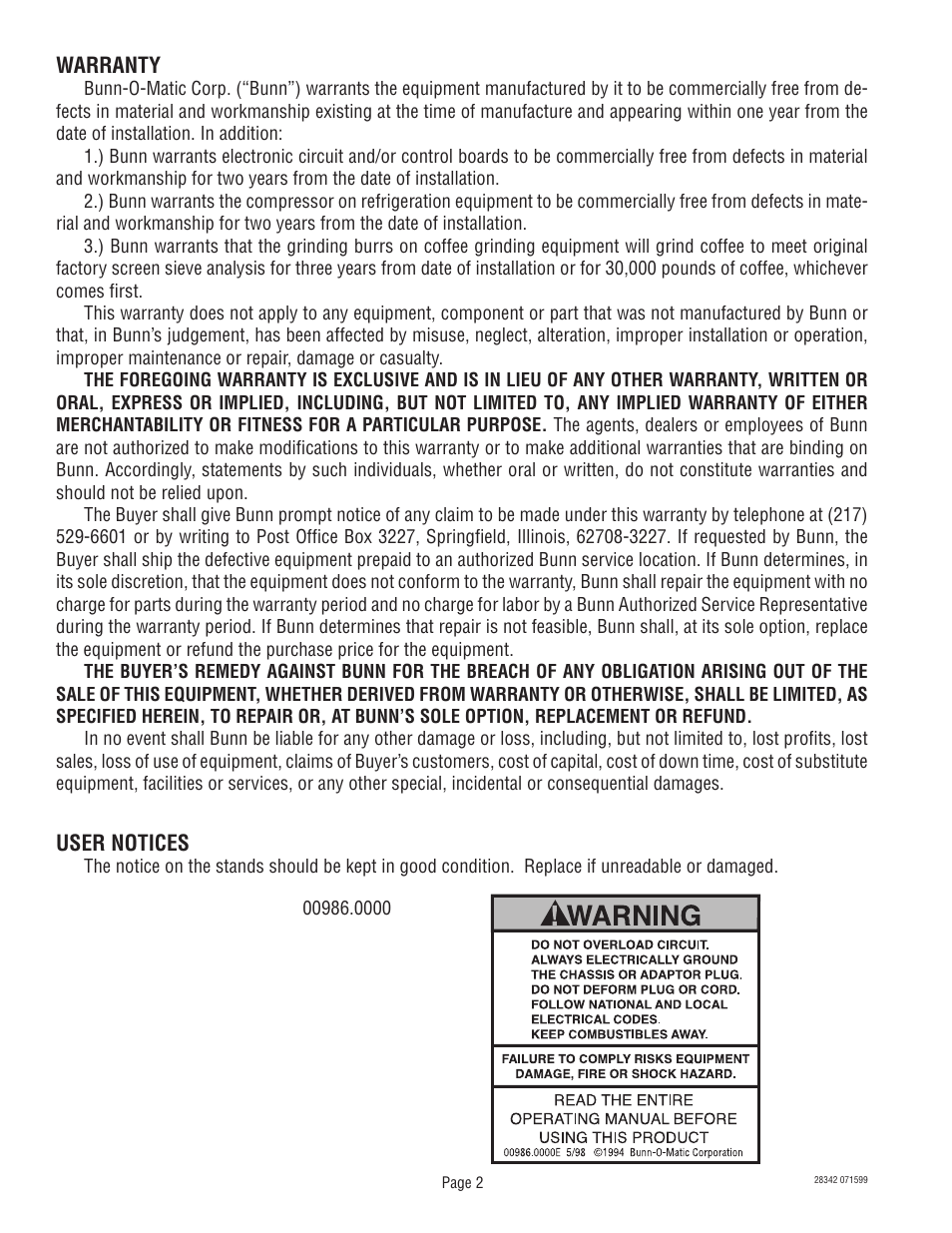 Bunn 1SH & 2SH STAND User Manual | Page 2 / 10