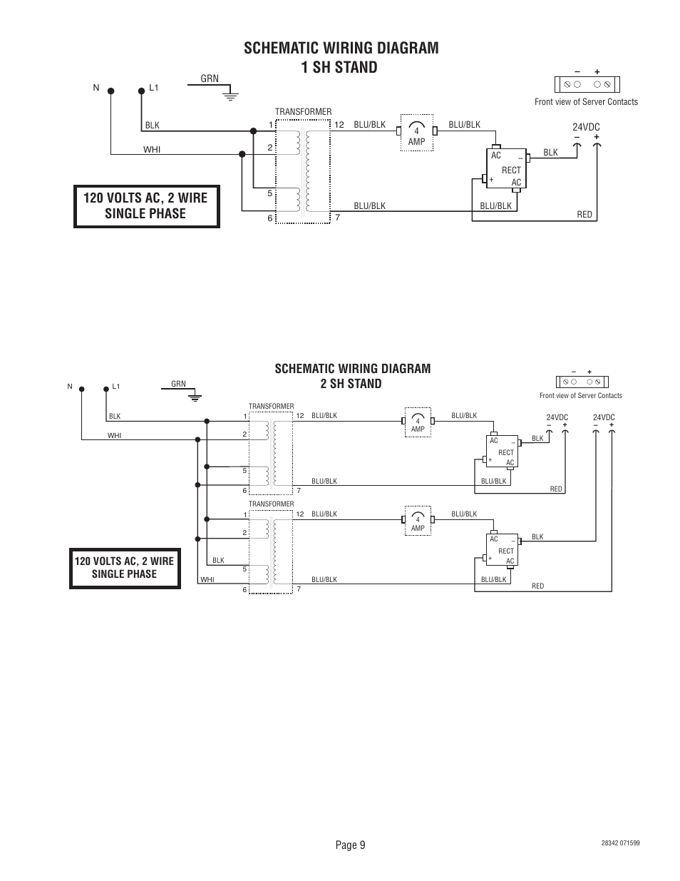 Schematic wiring diagram 1 sh stand, 120 volts ac, 2 wire single phase, Schematic wiring diagram 2 sh stand | Page 9 | Bunn 1SH & 2SH STAND User Manual | Page 9 / 10