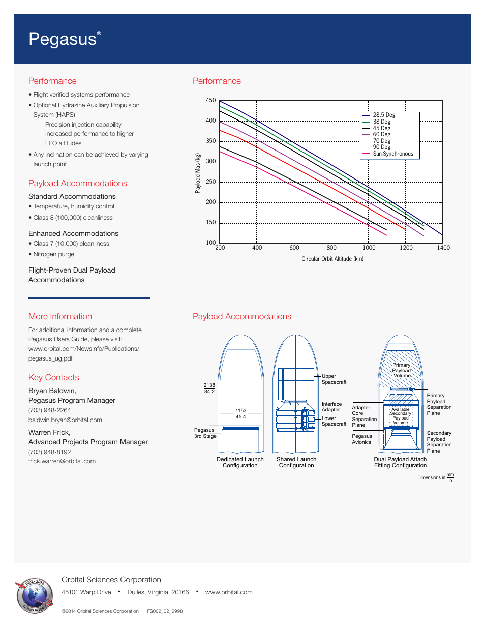 Pegasus, More information, Key contacts | Performance, Payload accommodations, Performance payload accommodations, Orbital sciences corporation | Orbital Pegasus User Manual | Page 2 / 2