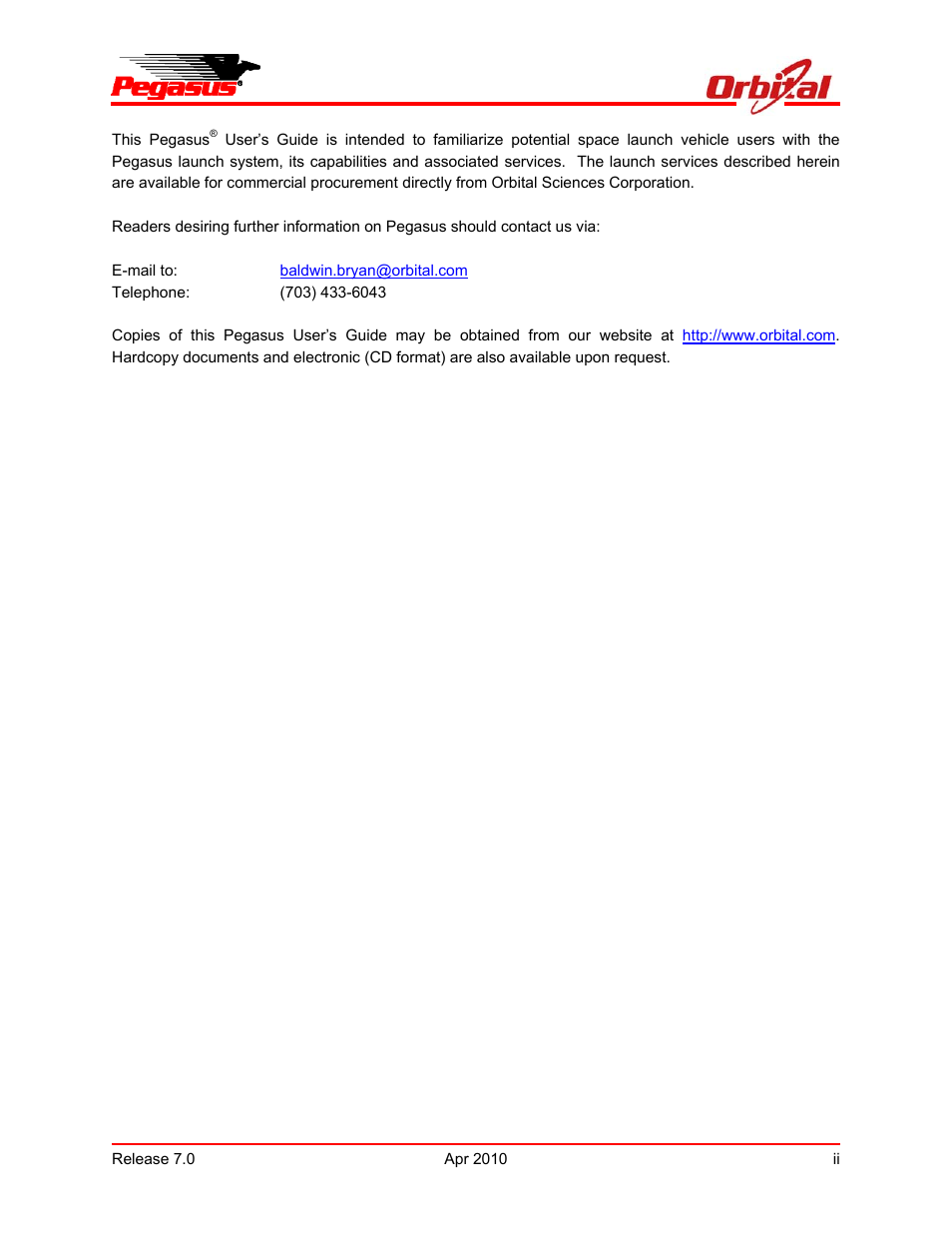 Pegasus user’s guide | Orbital Pegasus User Manual | Page 2 / 92