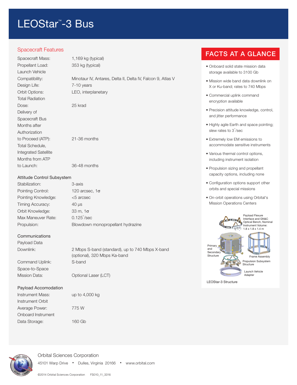 Leostar, 3 bus, Facts at a glance | Spacecraft features | Orbital LEOStar-3 Bus User Manual | Page 4 / 4
