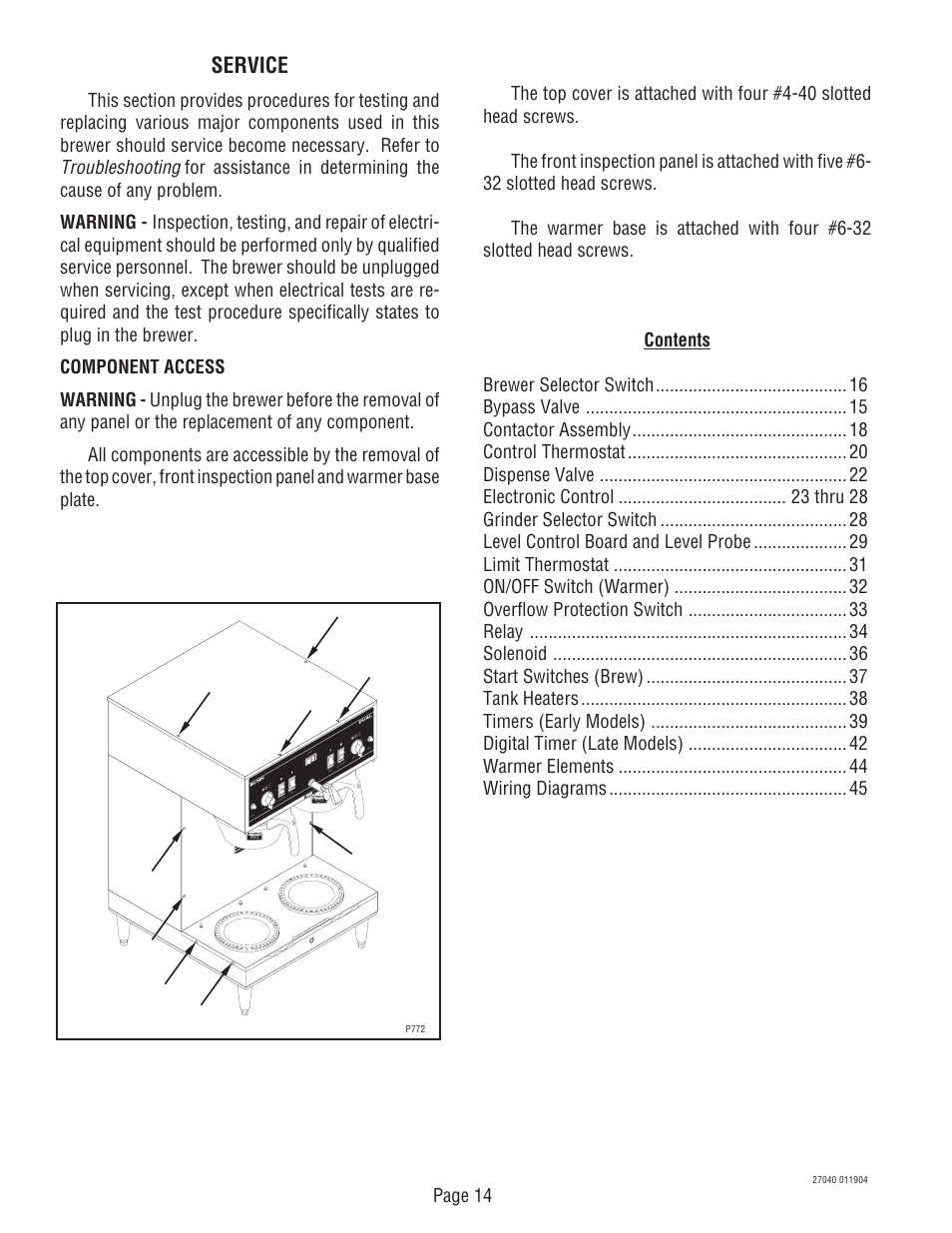 Service, Troubleshooting, Page 14 | Bunn DUAL TM (Serial # DUAL010000 - Up) 27040.0000F User Manual | Page 14 / 53