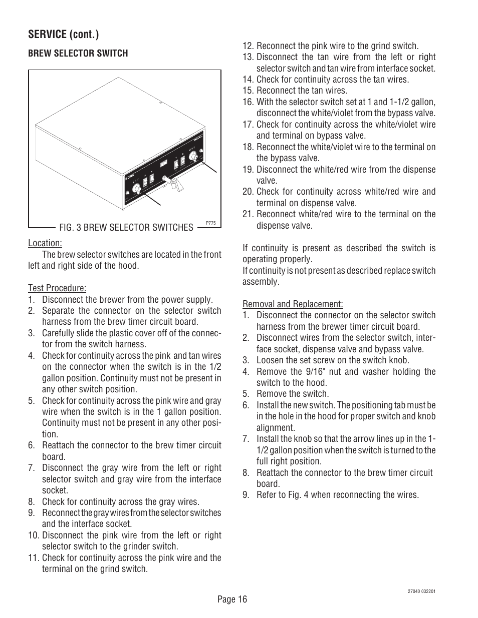 Service (cont.) | Bunn DUAL TM (Serial # DUAL010000 - Up) 27040.0000F User Manual | Page 16 / 53