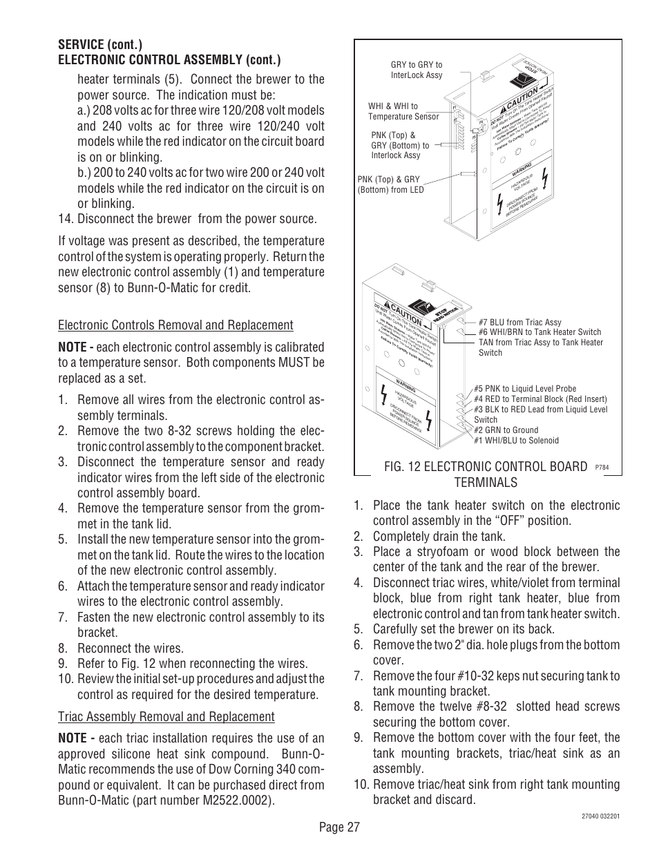 Fig. 12 electronic control board terminals | Bunn DUAL TM (Serial # DUAL010000 - Up) 27040.0000F User Manual | Page 27 / 53