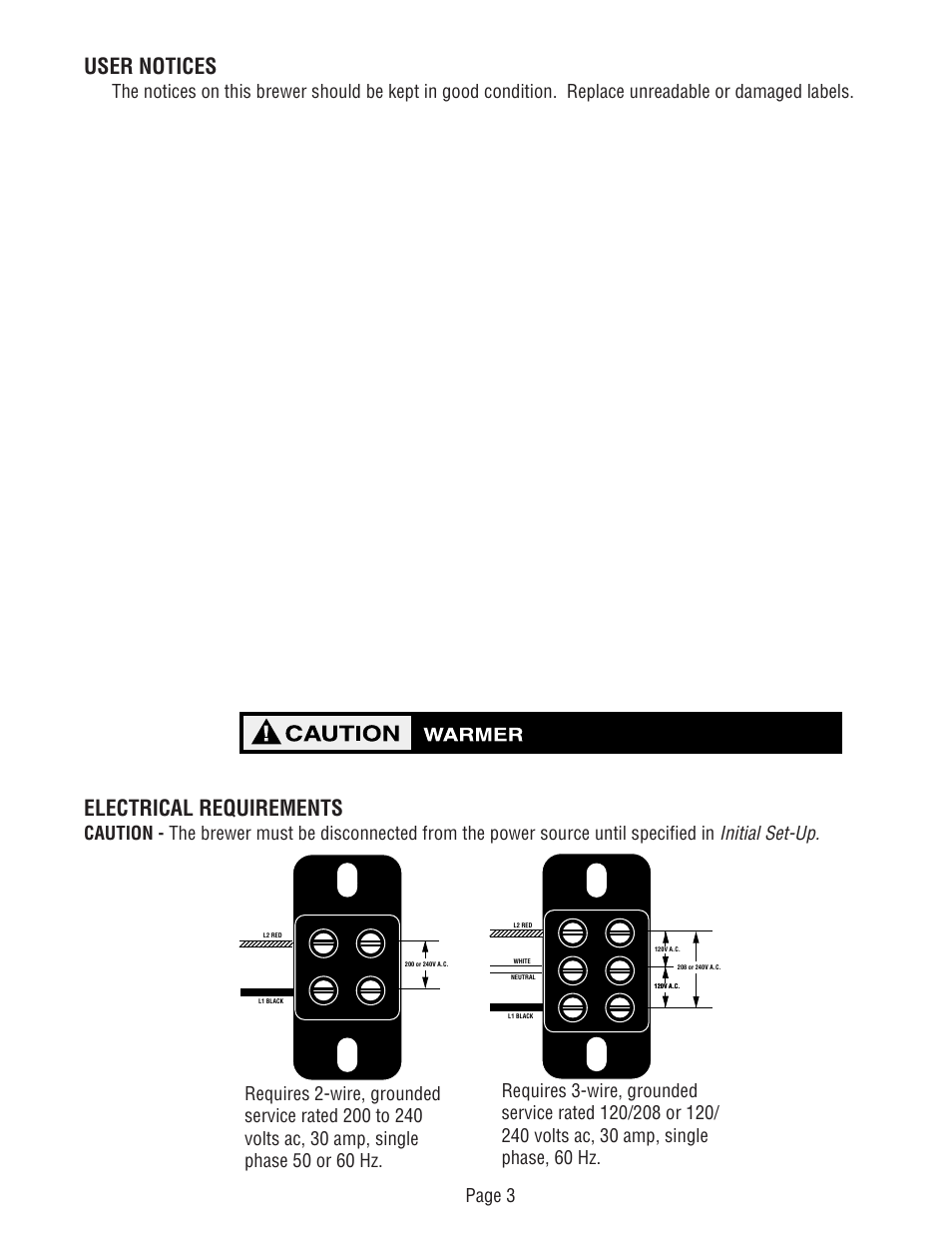 User notices, Electrical requirements, Initial set-up | Bunn DUAL TM (Serial # DUAL010000 - Up) 27040.0000F User Manual | Page 3 / 53