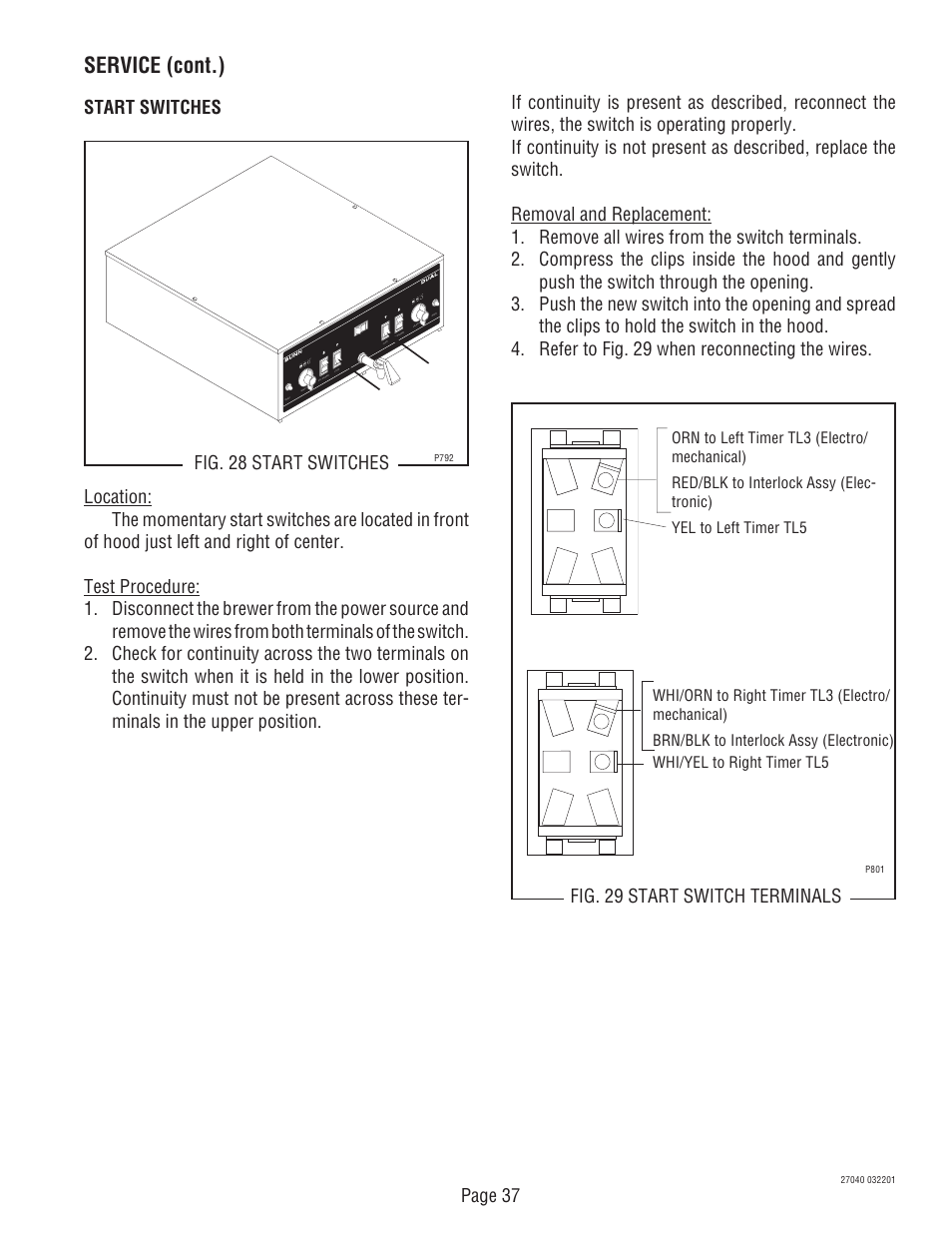Service (cont.) | Bunn DUAL TM (Serial # DUAL010000 - Up) 27040.0000F User Manual | Page 37 / 53
