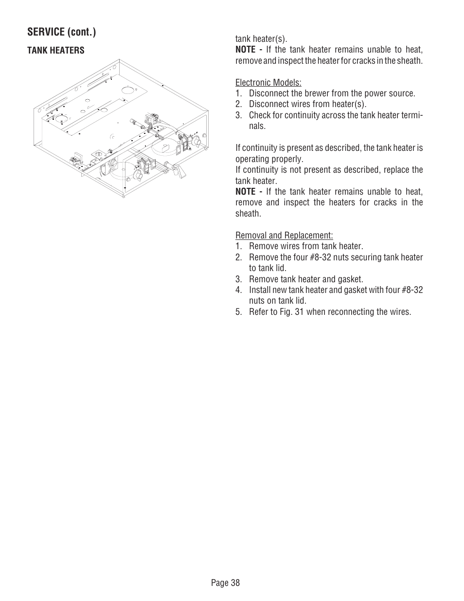 Service (cont.), Tank heaters | Bunn DUAL TM (Serial # DUAL010000 - Up) 27040.0000F User Manual | Page 38 / 53
