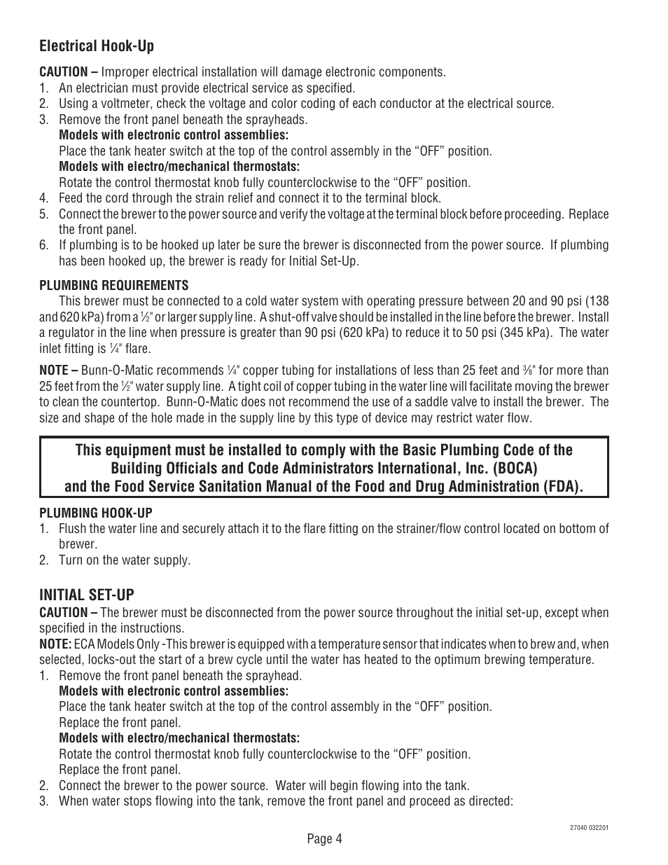 Initial set-up, Electrical hook-up | Bunn DUAL TM (Serial # DUAL010000 - Up) 27040.0000F User Manual | Page 4 / 53