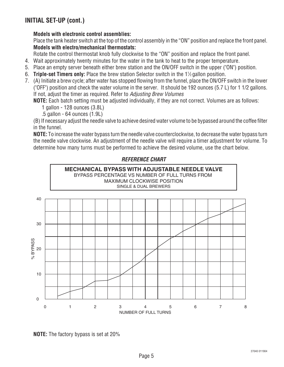 Initial set-up (cont.), Adjusting brew volumes, Reference chart | Bunn DUAL TM (Serial # DUAL010000 - Up) 27040.0000F User Manual | Page 5 / 53