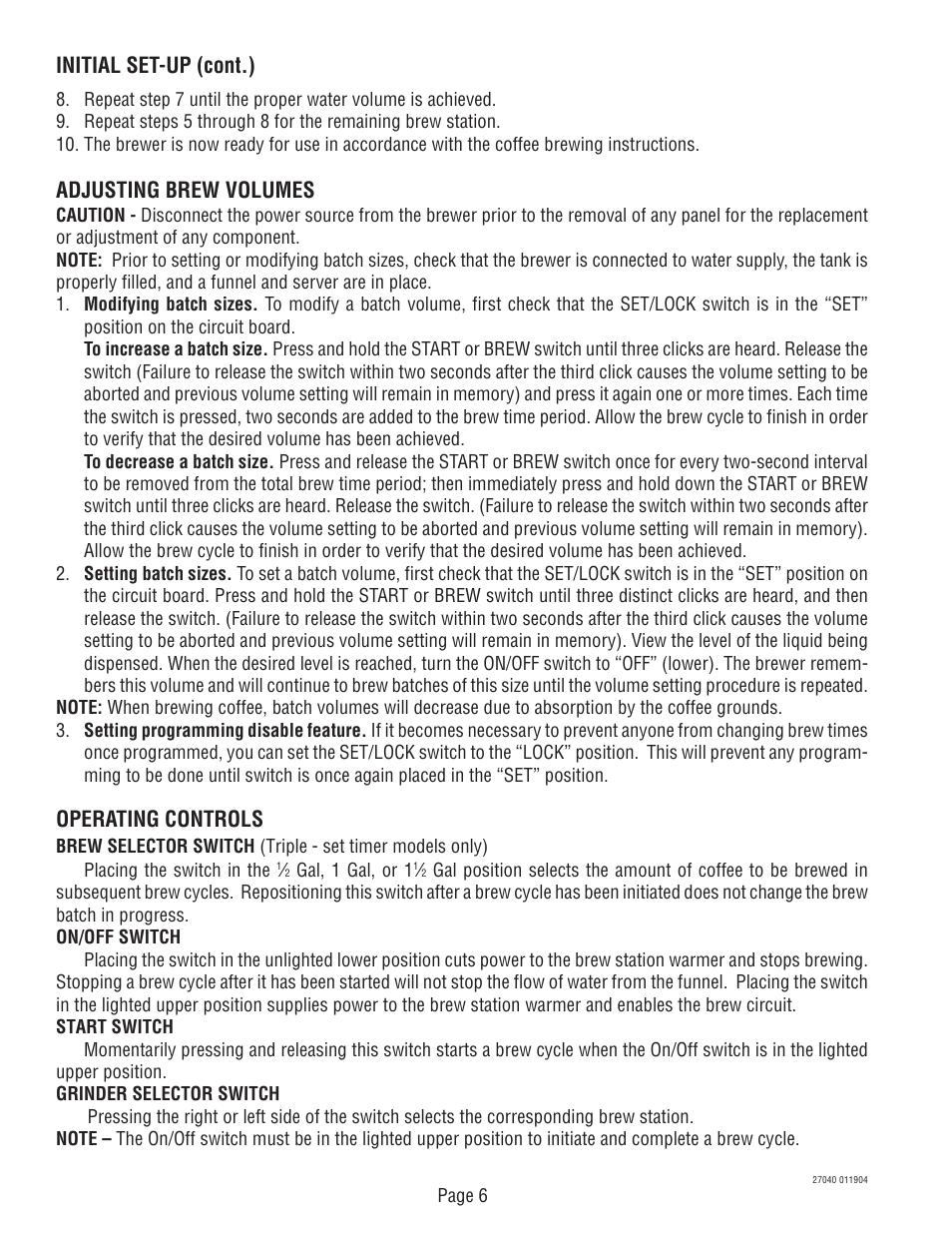 Adjusting brew volumes, Operating controls, Initial set-up (cont.) | Bunn DUAL TM (Serial # DUAL010000 - Up) 27040.0000F User Manual | Page 6 / 53