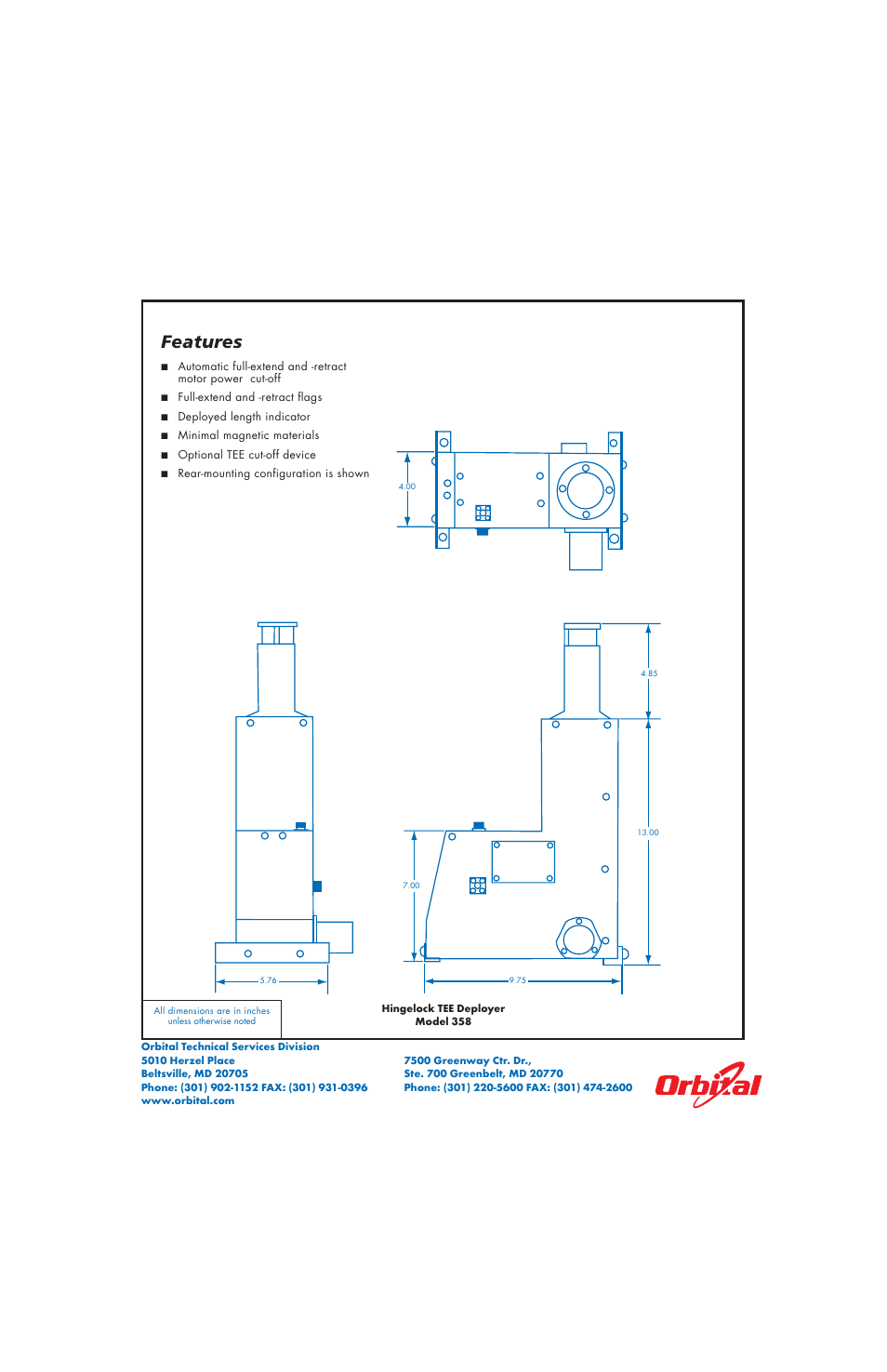 Features | Orbital Hingelock TEE Deployer Model 358 User Manual | Page 2 / 2