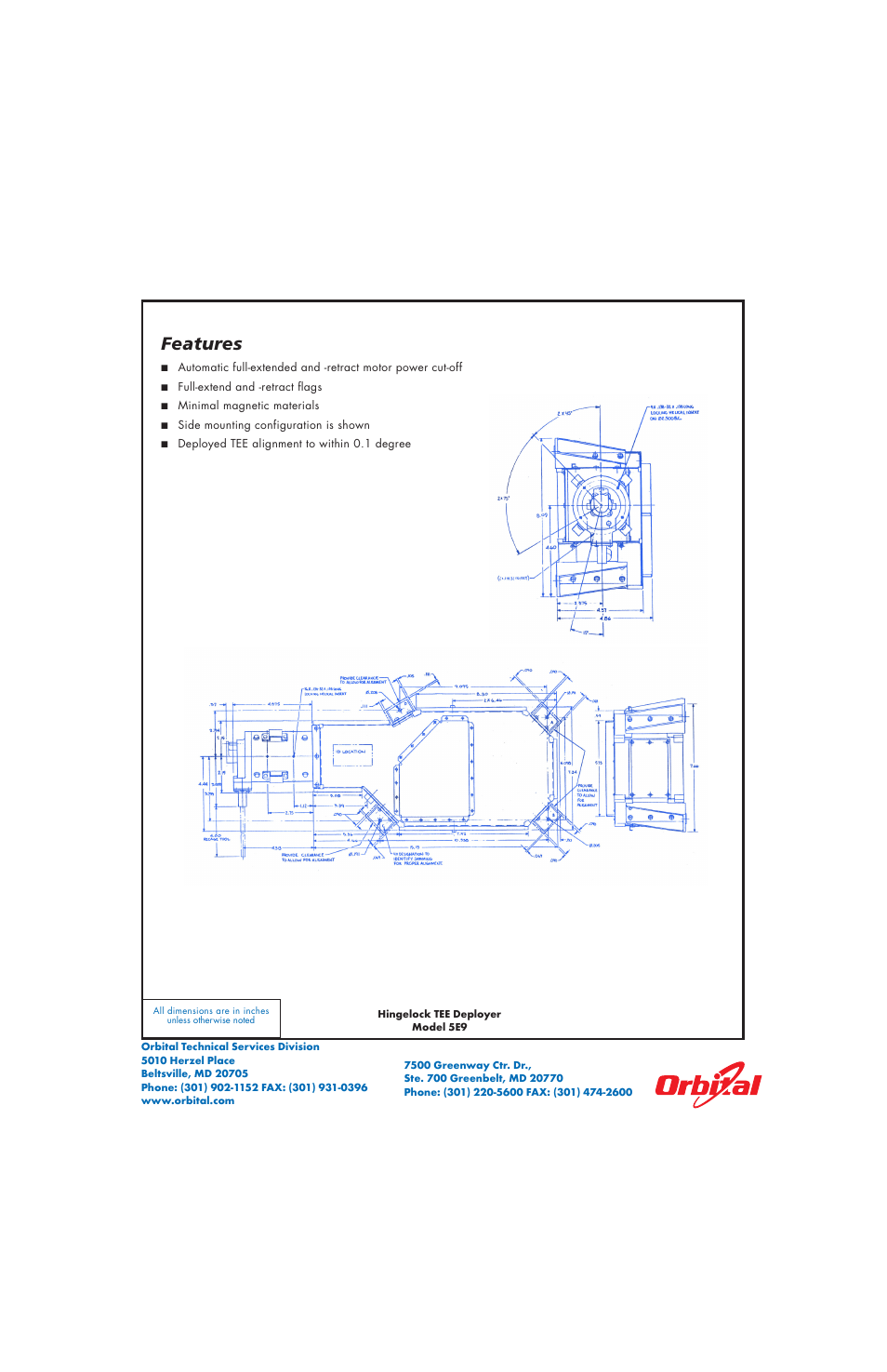 Features | Orbital Hingelock TEE Deployer Model 5E9 User Manual | Page 2 / 2