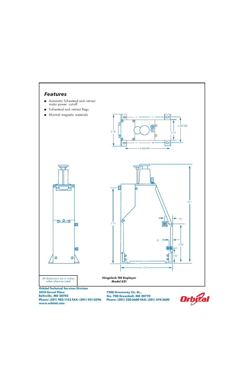Features | Orbital Hingelock TEE Deployer Model 621 User Manual | Page 2 / 2