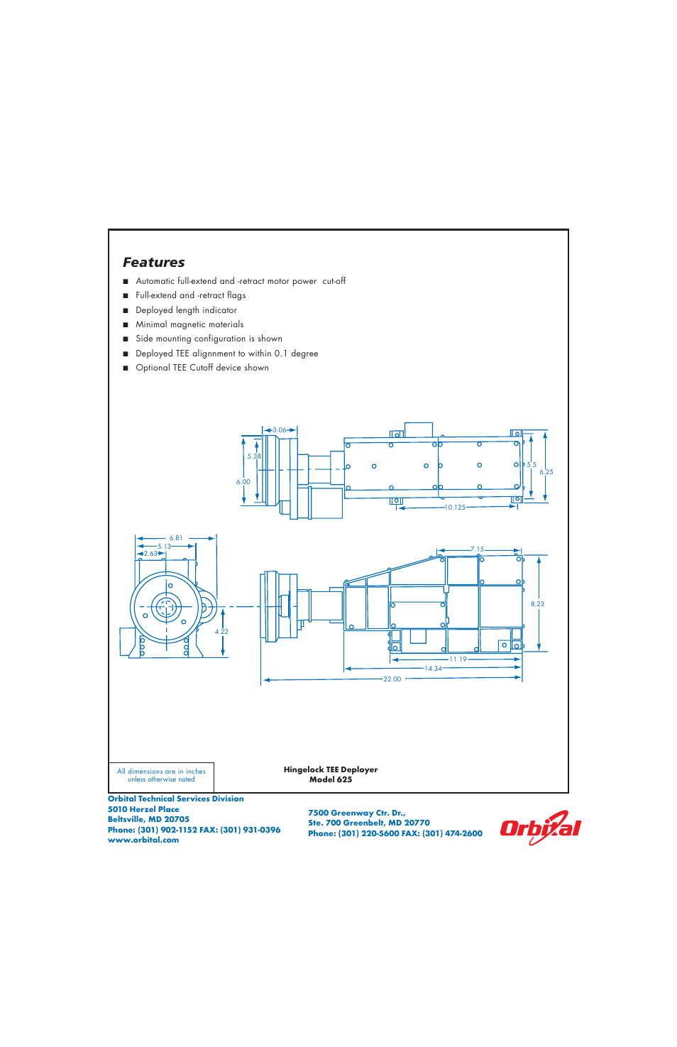 Features | Orbital Hingelock TEE Deployer Model 625 User Manual | Page 2 / 2