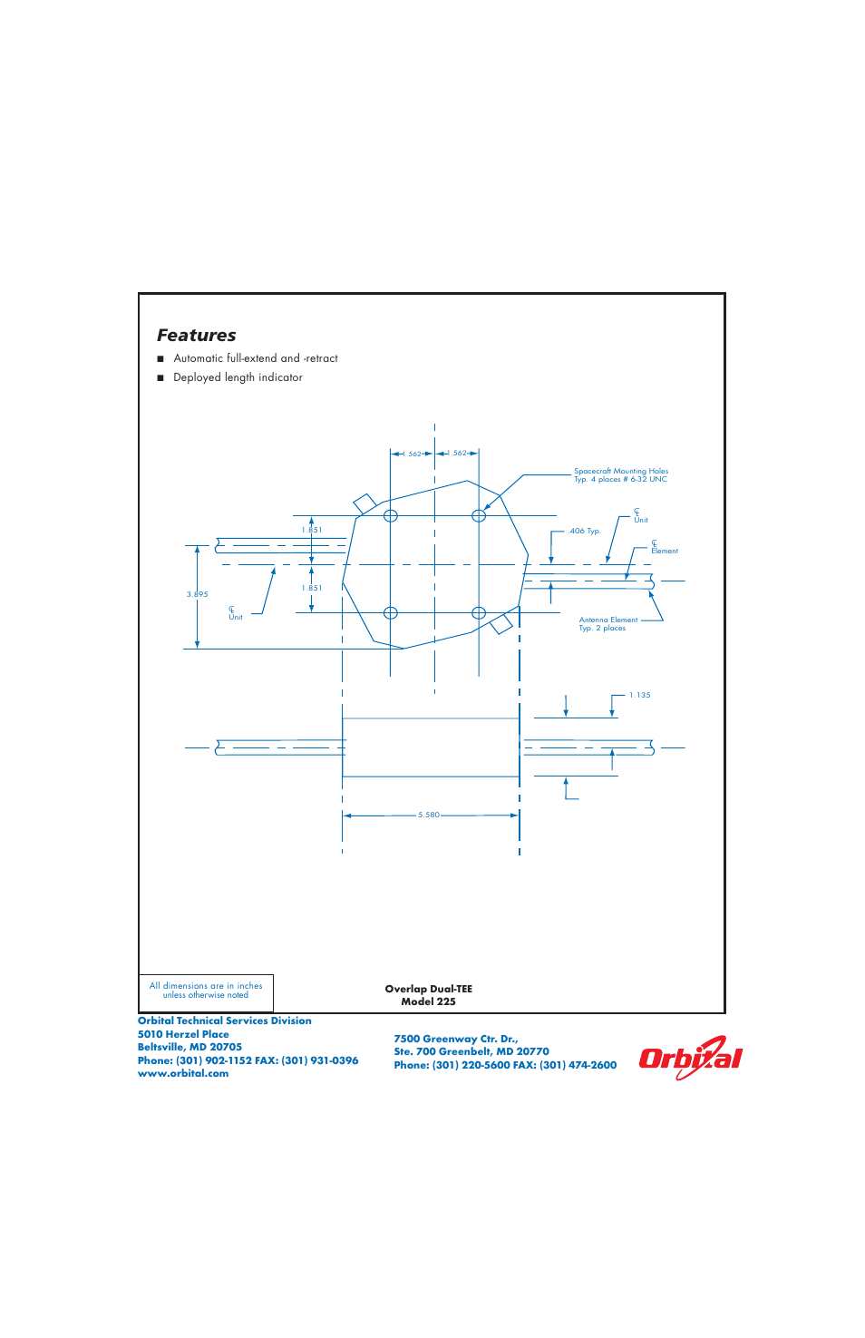 Features | Orbital Overlap Dual-TEE Model 225 User Manual | Page 2 / 2