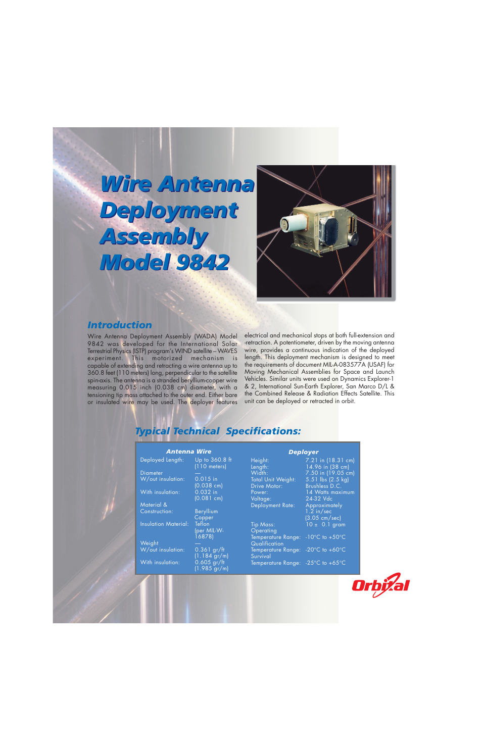 Orbital Wire Antenna Deployment Assembly Model 9842 User Manual | 2 pages