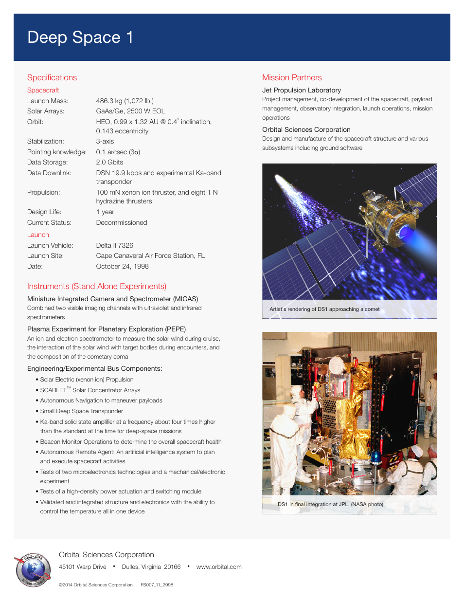 Deep space 1, Specifications, Instruments (stand alone experiments) | Mission partners | Orbital Deep Space 1 User Manual | Page 2 / 2