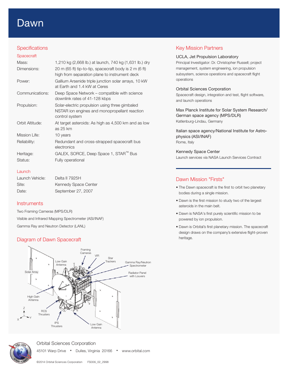 Dawn, Key mission partners, Dawn mission "firsts | Specifications, Instruments, Diagram of dawn spacecraft | Orbital Dawn User Manual | Page 2 / 2