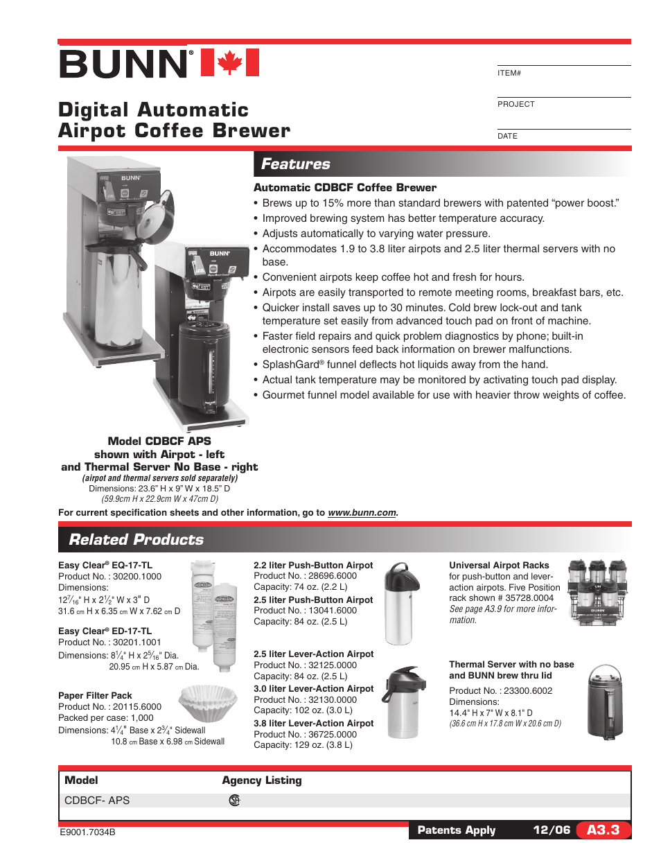 Bunn CDBCF- APS User Manual | 2 pages