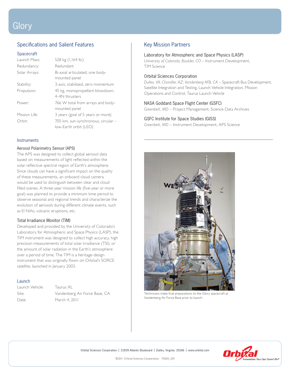 Glory, Specifications and salient features, Key mission partners | Orbital Glory User Manual | Page 2 / 2