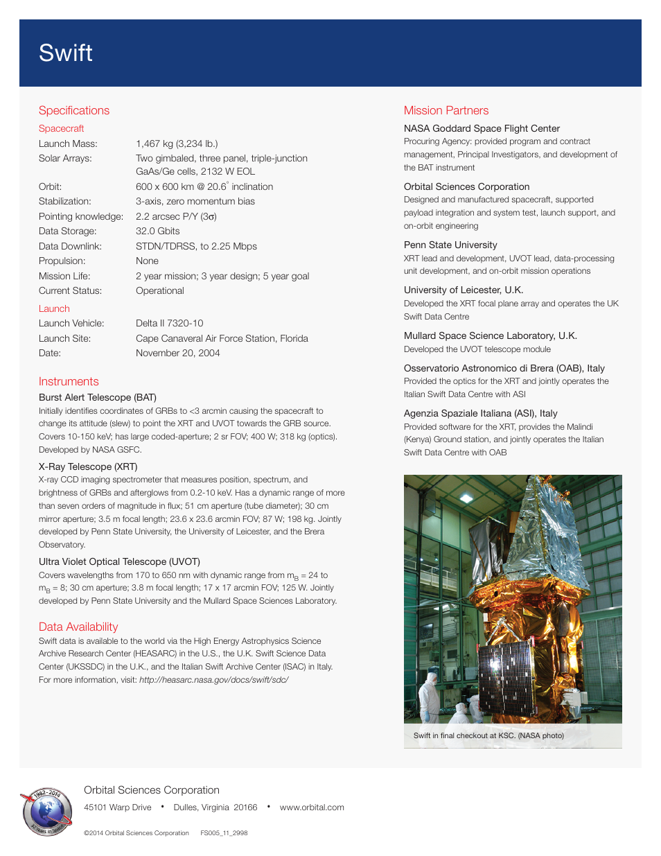 Swift, Specifications, Instruments | Data availability, Mission partners | Orbital Swift User Manual | Page 2 / 2