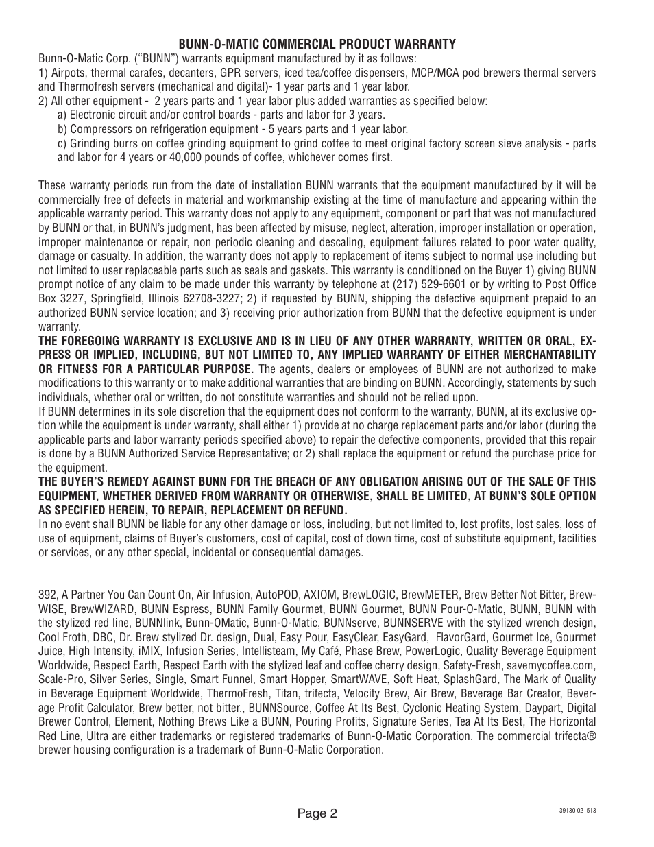Bunn Axiom 39130.0000J User Manual | Page 2 / 11