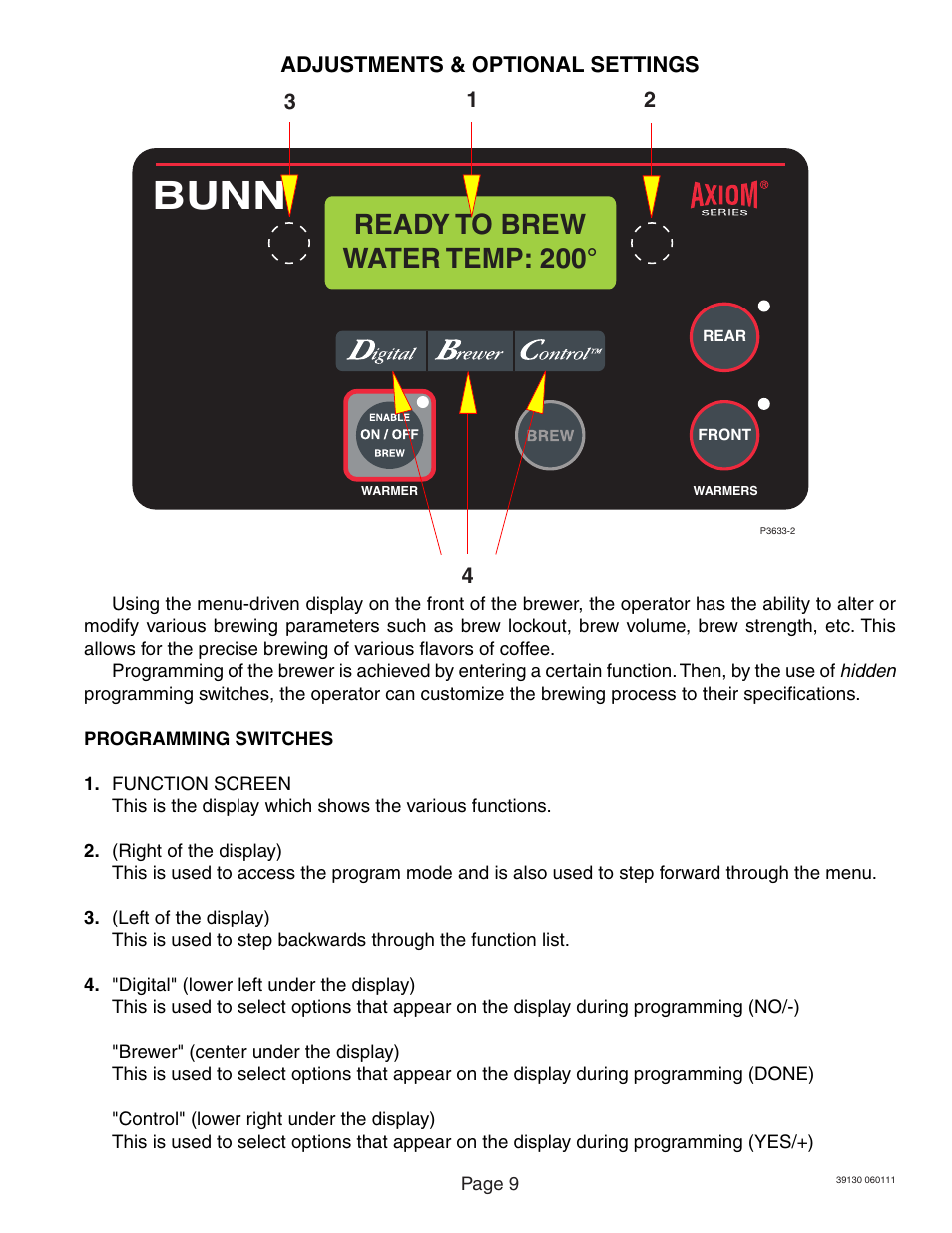 Bunn, Ready to brew water temp: 200 | Bunn Axiom 39130.0000J User Manual | Page 9 / 11