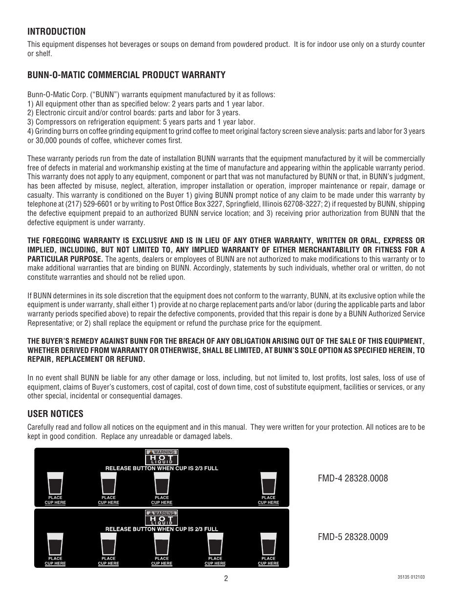 Introduction, Bunn-o-matic commercial product warranty, User notices | Bunn FMD-4 User Manual | Page 2 / 45